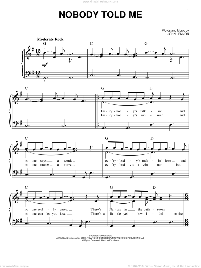 Nobody Told Me sheet music for piano solo by John Lennon, easy skill level