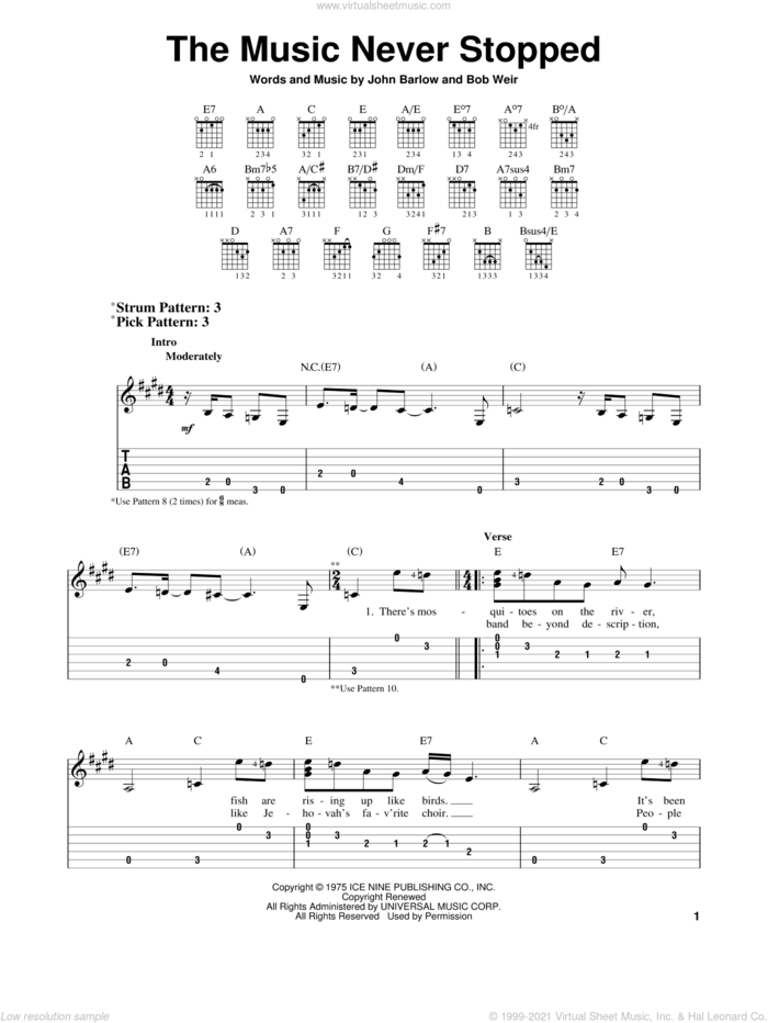 The Music Never Stopped sheet music for guitar solo (easy tablature) by Grateful Dead, Bob Weir and John Barlow, easy guitar (easy tablature)