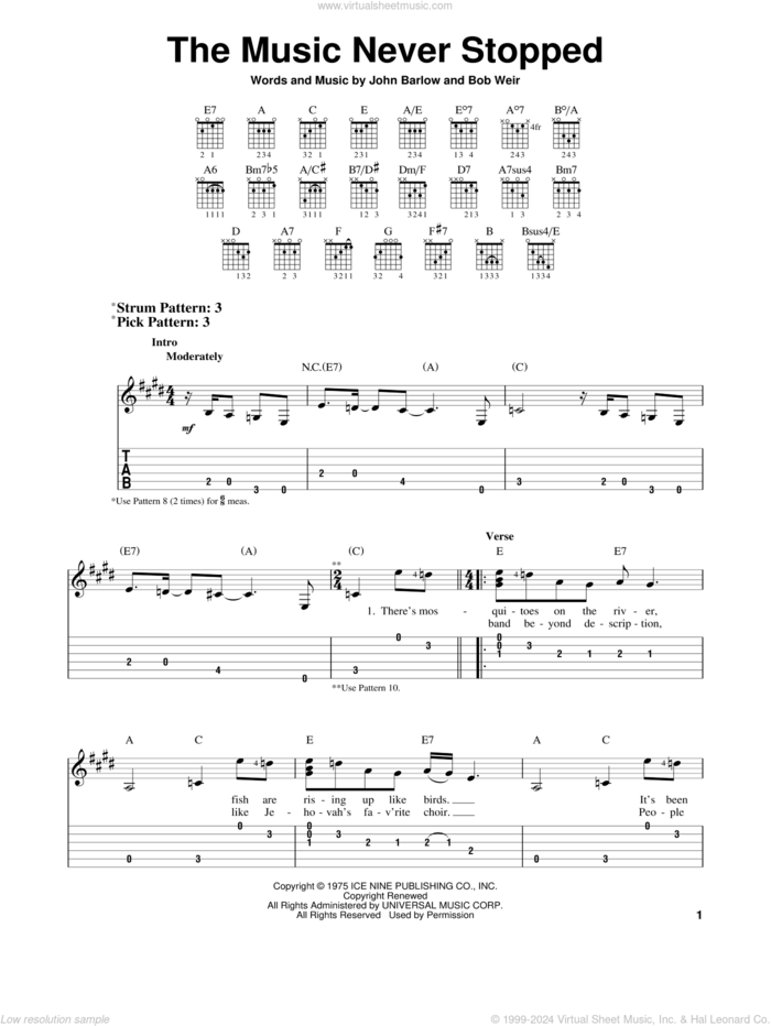 The Music Never Stopped sheet music for guitar solo (easy tablature) by Grateful Dead, Bob Weir and John Barlow, easy guitar (easy tablature)