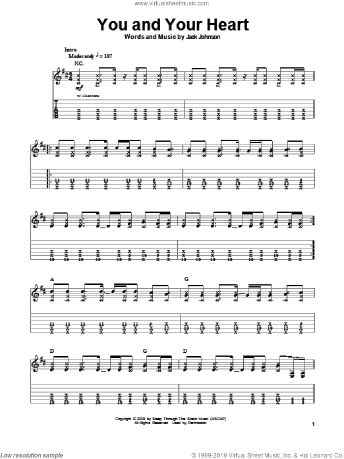 You And Your Heart sheet music for guitar (tablature, play-along) by Jack Johnson, intermediate skill level
