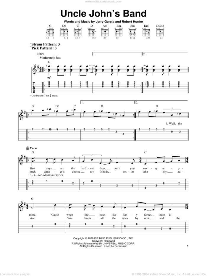 Uncle John's Band sheet music for guitar solo (easy tablature) by Grateful Dead, Jerry Garcia and Robert Hunter, easy guitar (easy tablature)