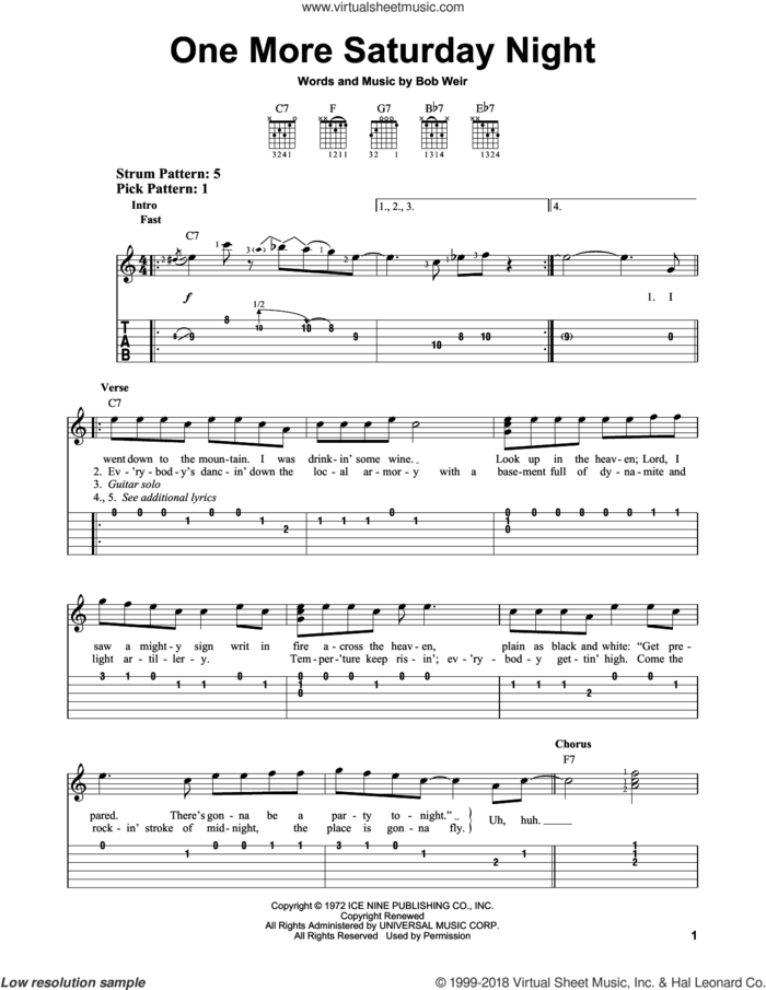 One More Saturday Night sheet music for guitar solo (easy tablature) by Grateful Dead and Bob Weir, easy guitar (easy tablature)