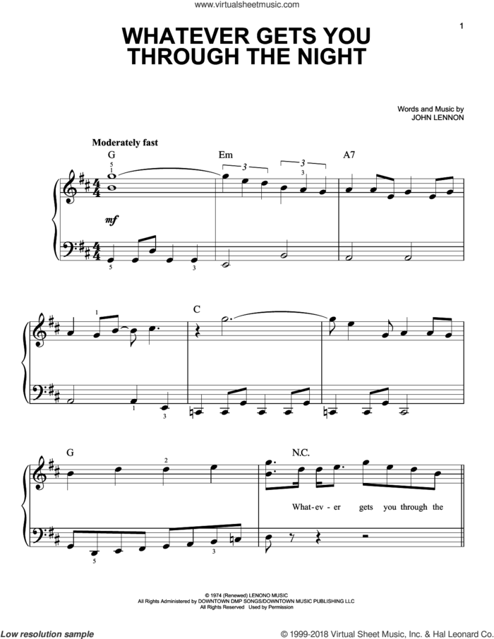 Whatever Gets You Through The Night, (easy) sheet music for piano solo by John Lennon and with the Plastic Ono Nuclear Band, easy skill level