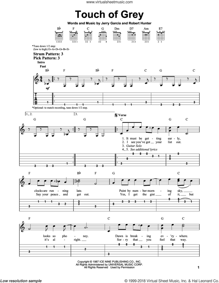 Touch Of Grey sheet music for guitar solo (easy tablature) by Grateful Dead, Jerry Garcia and Robert Hunter, easy guitar (easy tablature)