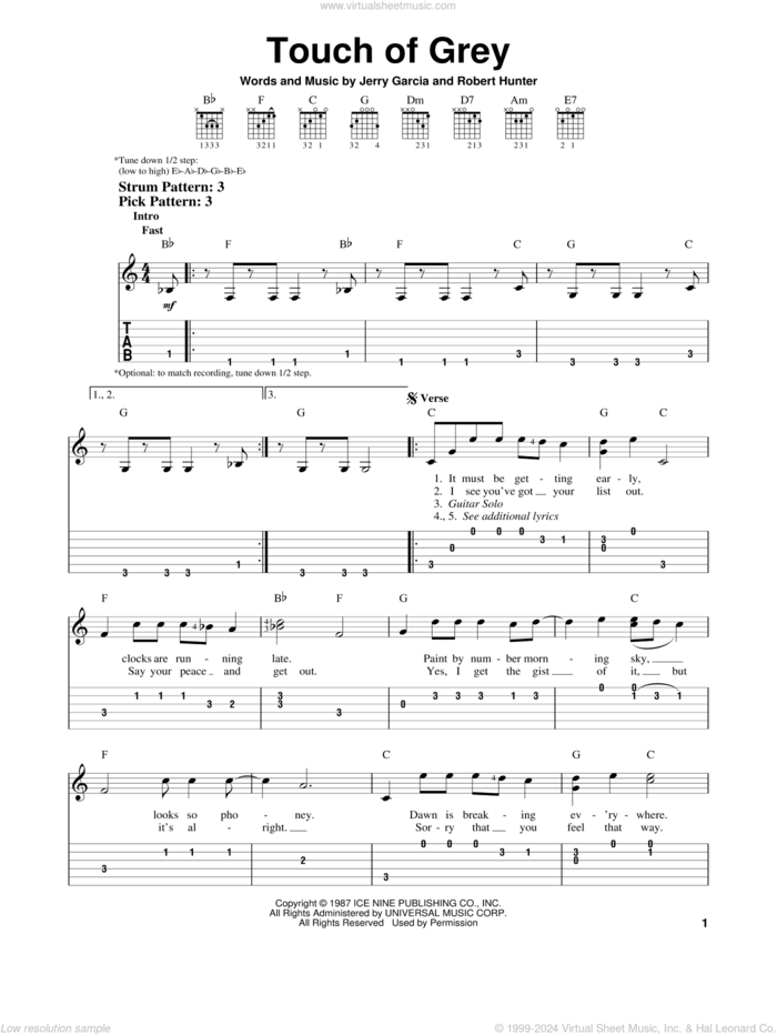 Touch Of Grey sheet music for guitar solo (easy tablature) by Grateful Dead, Jerry Garcia and Robert Hunter, easy guitar (easy tablature)