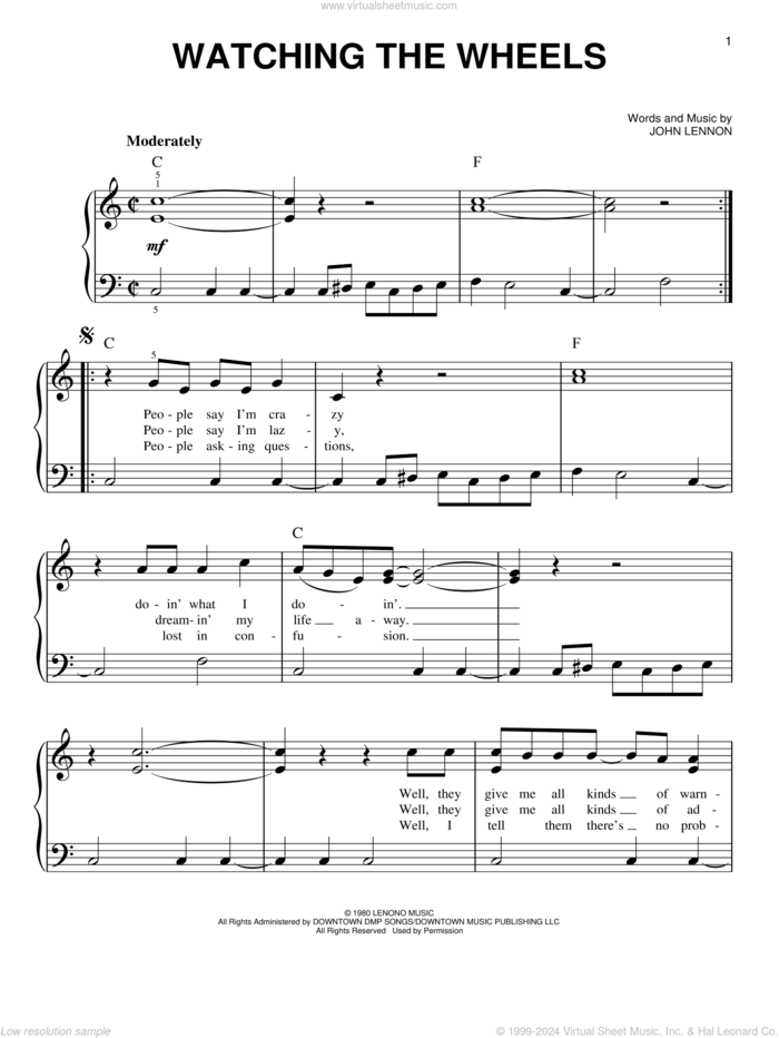 Watching The Wheels sheet music for piano solo by John Lennon, easy skill level