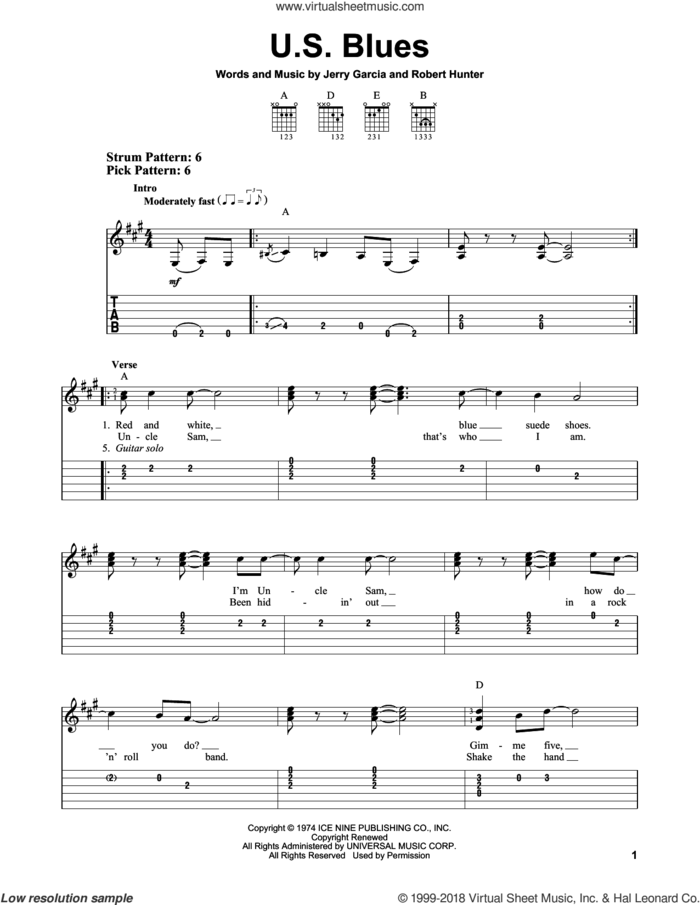 U.S. Blues sheet music for guitar solo (easy tablature) by Grateful Dead, Jerry Garcia and Robert Hunter, easy guitar (easy tablature)
