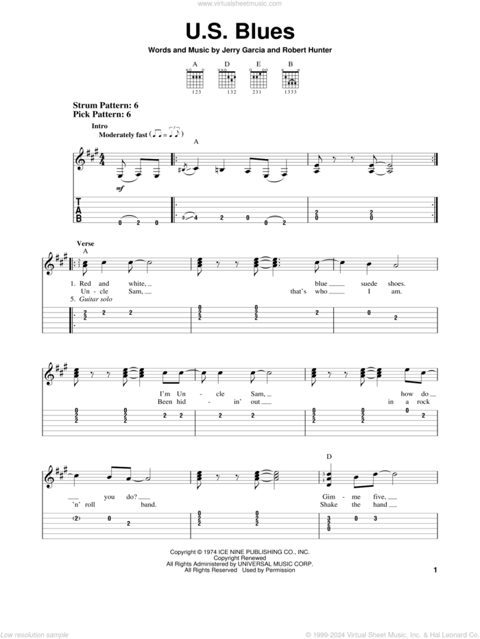 U.S. Blues sheet music for guitar solo (easy tablature) by Grateful Dead, Jerry Garcia and Robert Hunter, easy guitar (easy tablature)