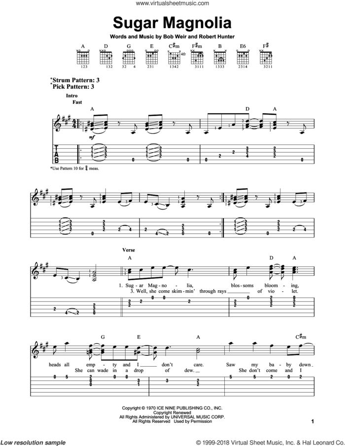 Sugar Magnolia sheet music for guitar solo (easy tablature) by Grateful Dead, Bob Weir and Robert Hunter, easy guitar (easy tablature)