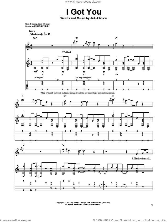 I Got You sheet music for guitar (tablature, play-along) by Jack Johnson, intermediate skill level