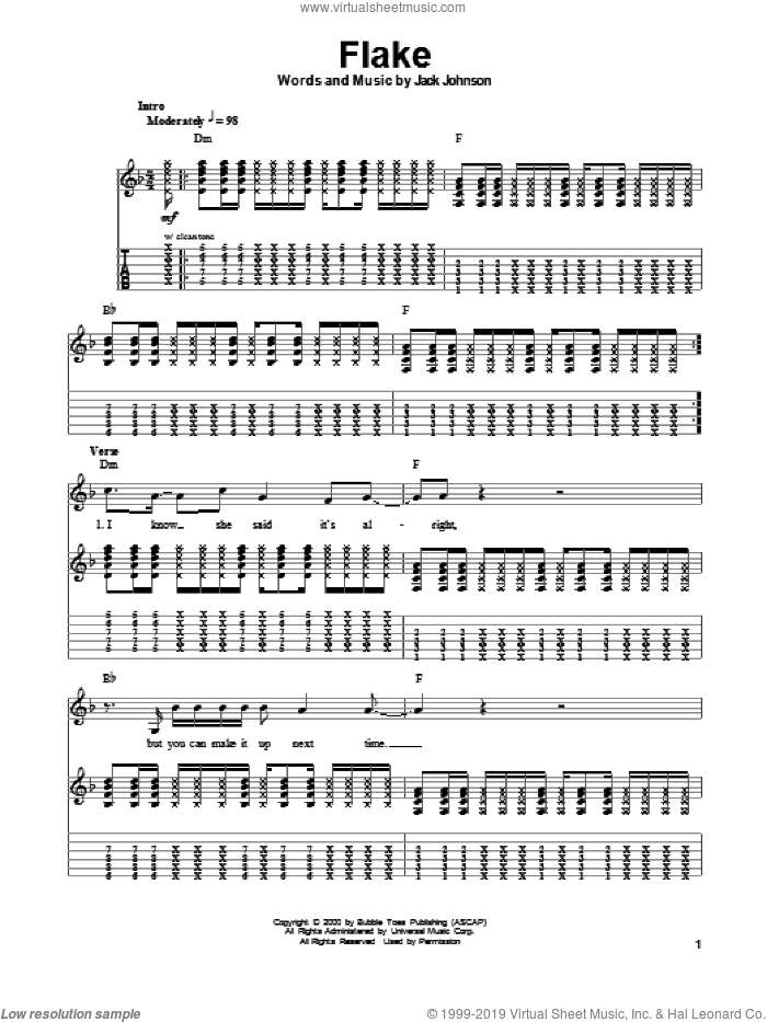 Flake sheet music for guitar (tablature, play-along) by Jack Johnson, intermediate skill level