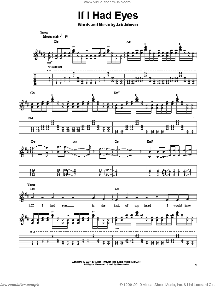 If I Had Eyes sheet music for guitar (tablature, play-along) by Jack Johnson, intermediate skill level