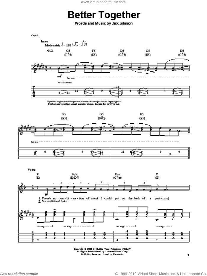 Better Together sheet music for guitar (tablature, play-along) by Jack Johnson, intermediate skill level