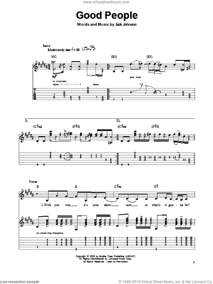Good People sheet music for guitar (tablature, play-along) by Jack Johnson, intermediate skill level