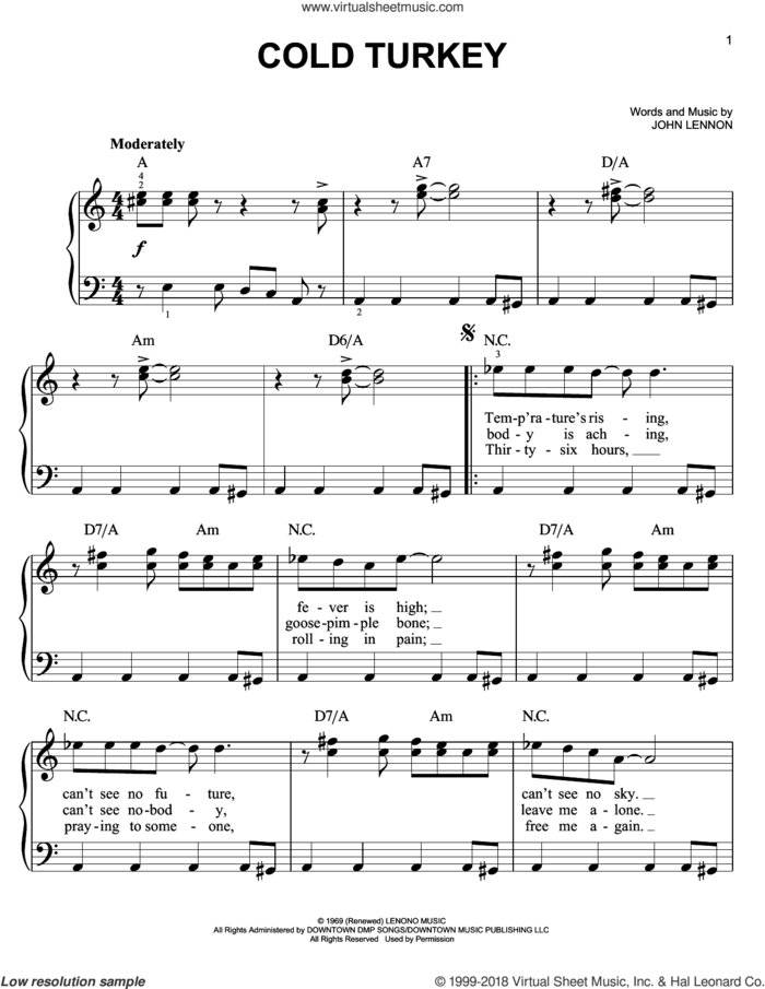 Cold Turkey sheet music for piano solo by John Lennon and Plastic Ono Band, easy skill level