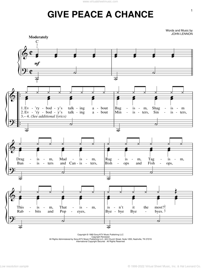 Give Peace A Chance sheet music for piano solo by John Lennon and Plastic Ono Band, easy skill level