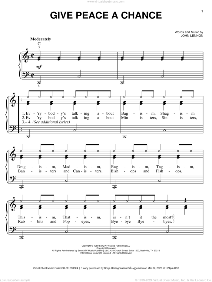 Give Peace A Chance sheet music for piano solo by John Lennon and Plastic Ono Band, easy skill level