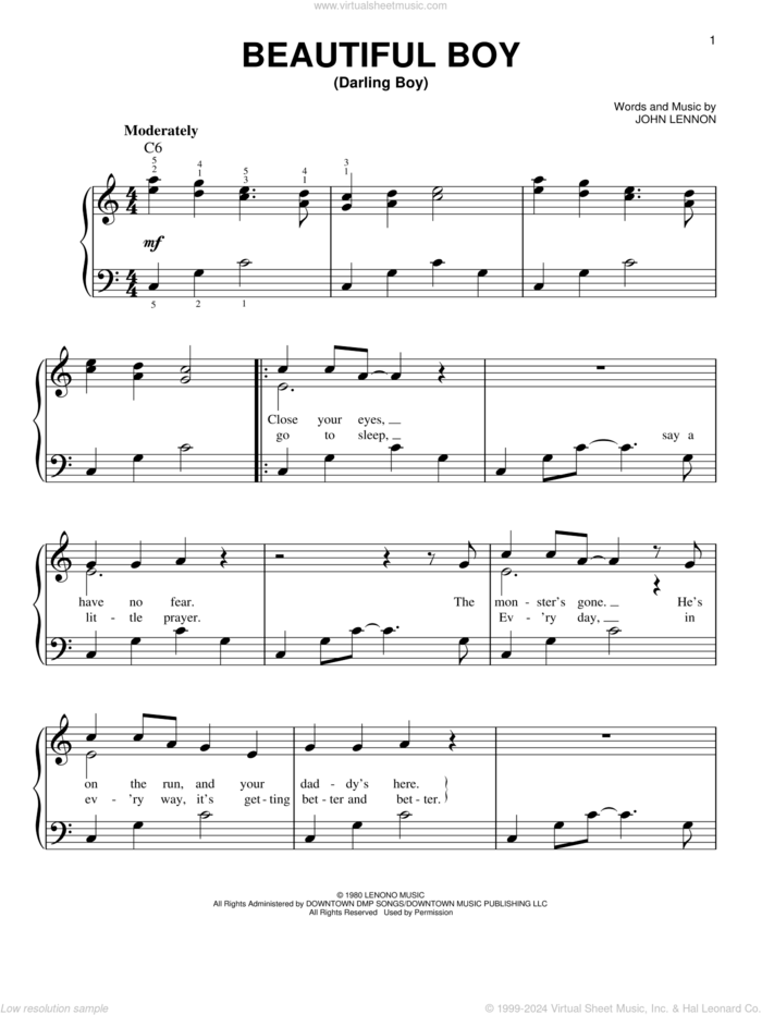 Beautiful Boy (Darling Boy) sheet music for piano solo by John Lennon, easy skill level