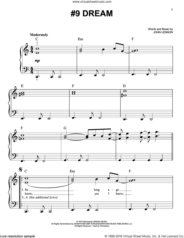 #9 Dream sheet music for piano solo by John Lennon, easy skill level