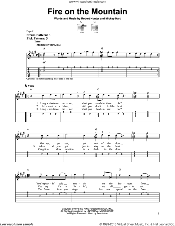 Fire On The Mountain sheet music for guitar solo (easy tablature) by Grateful Dead, Mickey Hart and Robert Hunter, easy guitar (easy tablature)