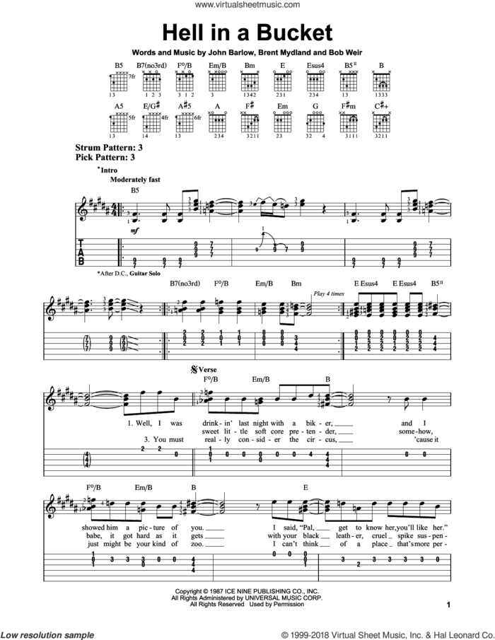 Hell In A Bucket sheet music for guitar solo (easy tablature) by Grateful Dead, Bob Weir, Brent Mydland and John Barlow, easy guitar (easy tablature)