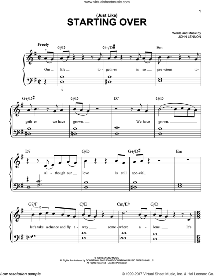 (Just Like) Starting Over sheet music for piano solo by John Lennon, easy skill level