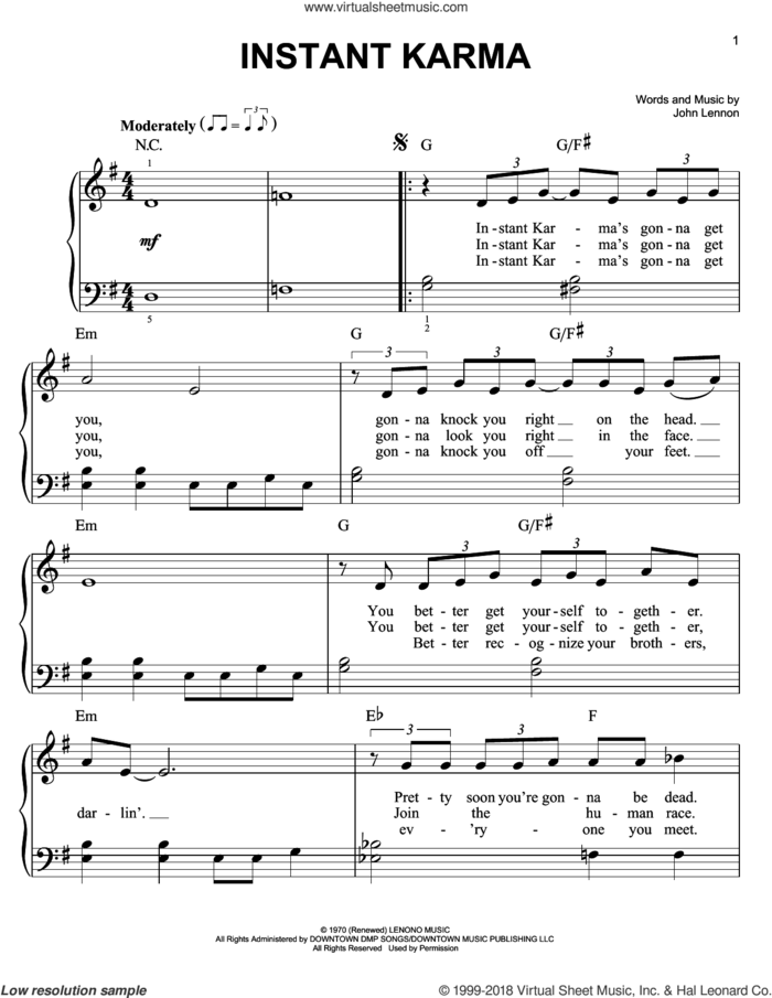 Instant Karma sheet music for piano solo by John Lennon, easy skill level