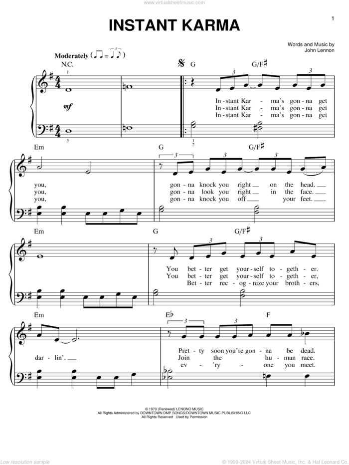 Instant Karma sheet music for piano solo by John Lennon, easy skill level