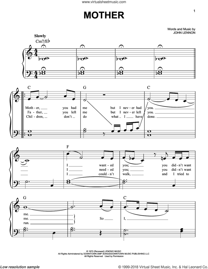 Mother sheet music for piano solo by John Lennon, John Lennon and Yoko Ono and with the Plastic Ono Band, easy skill level