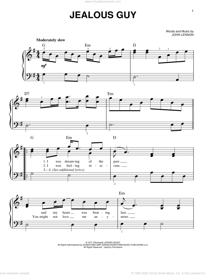 Jealous Guy, (easy) sheet music for piano solo by John Lennon, easy skill level