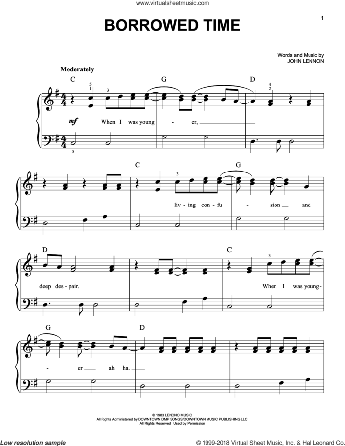 Borrowed Time sheet music for piano solo by John Lennon, easy skill level