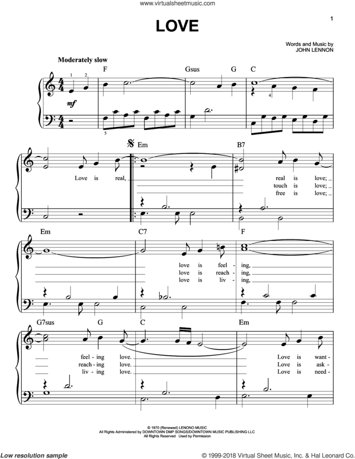 Love sheet music for piano solo by John Lennon, easy skill level