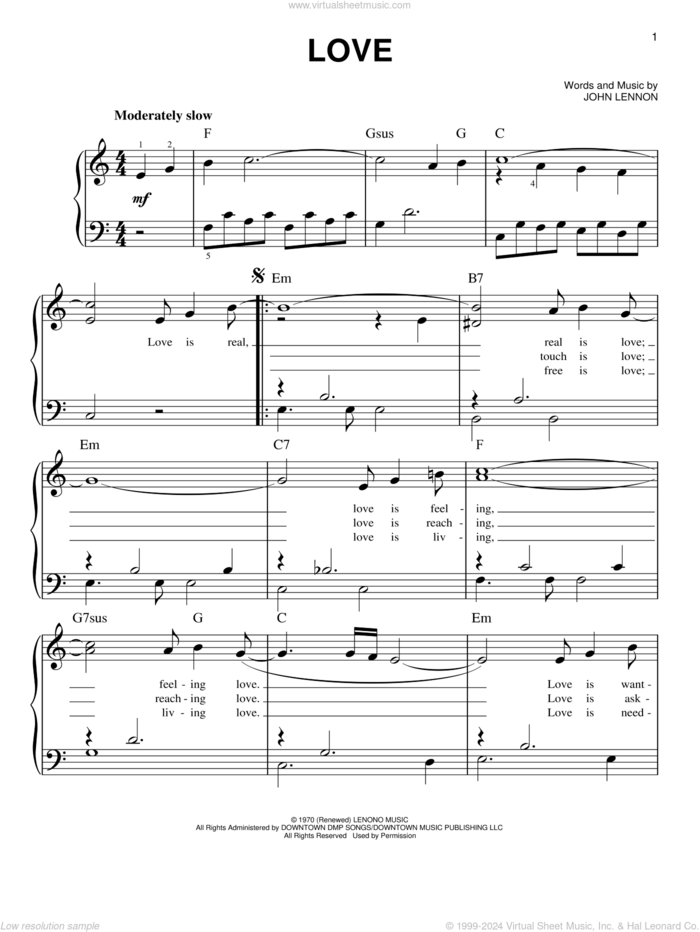 Love sheet music for piano solo by John Lennon, easy skill level