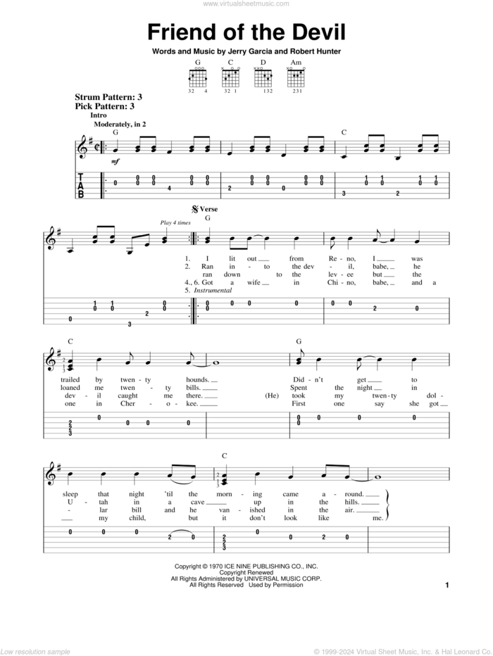 Friend Of The Devil sheet music for guitar solo (easy tablature) by Grateful Dead, Jerry Garcia, John Dawson and Robert Hunter, easy guitar (easy tablature)