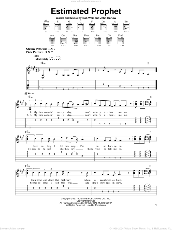 Estimated Prophet sheet music for guitar solo (easy tablature) by Grateful Dead, Bob Weir and John Barlow, easy guitar (easy tablature)