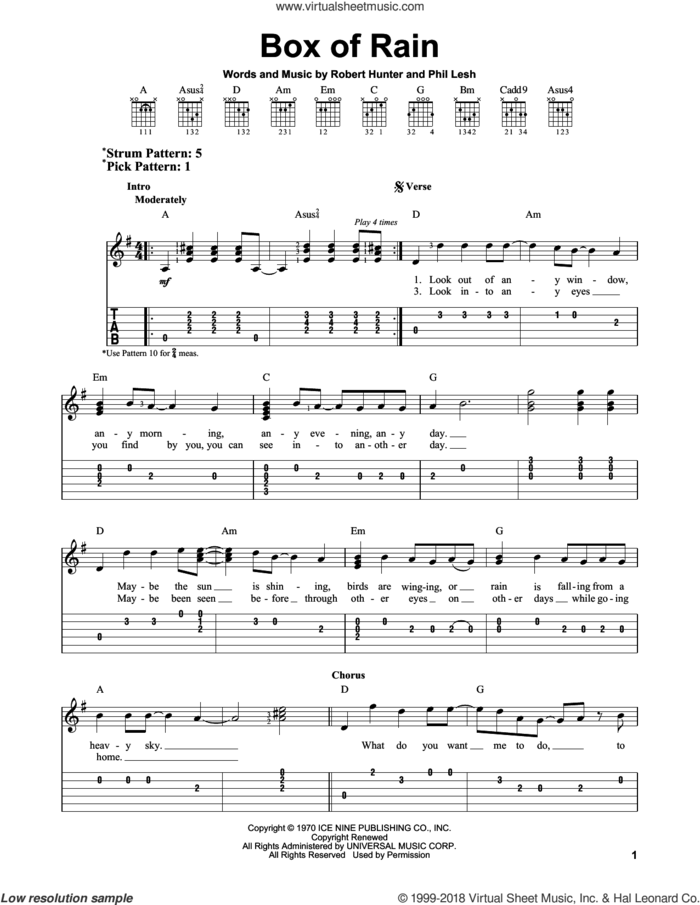 Box Of Rain sheet music for guitar solo (easy tablature) by Grateful Dead, Phil Lesh and Robert Hunter, easy guitar (easy tablature)