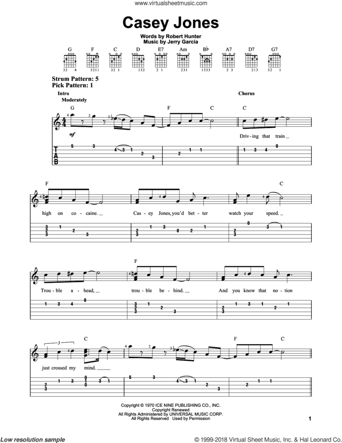 Casey Jones sheet music for guitar solo (easy tablature) by Grateful Dead, Jerry Garcia and Robert Hunter, easy guitar (easy tablature)