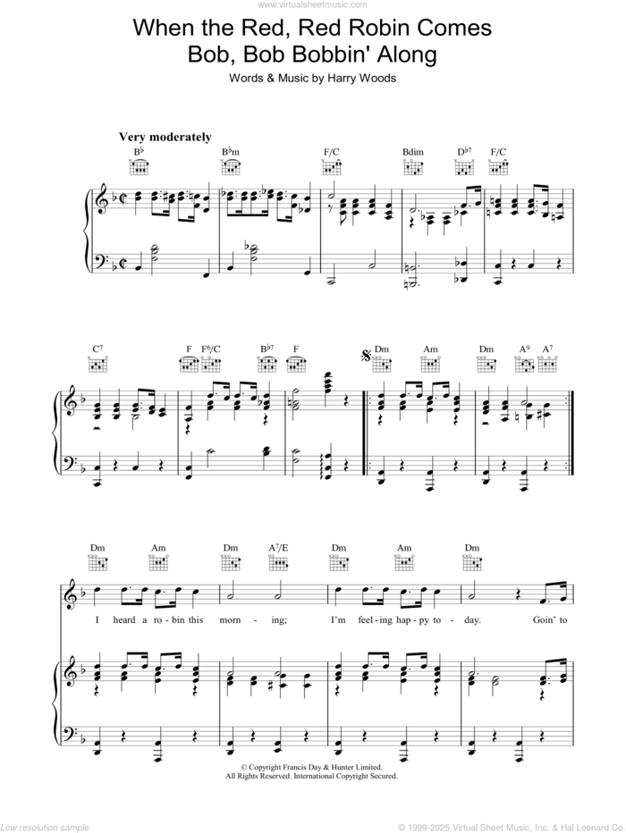 When The Red, Red Robin Comes Bob, Bob Bobbin' Along sheet music for voice, piano or guitar by Harry Woods, intermediate skill level