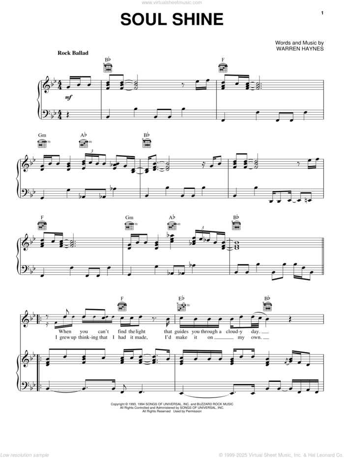 Soul Shine sheet music for voice, piano or guitar by Allman Brothers Band and Warren Haynes, intermediate skill level