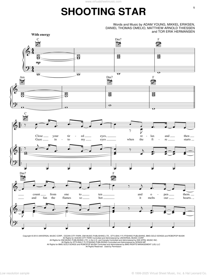 Shooting Star sheet music for voice, piano or guitar by Owl City, Adam Young, Daniel Thomas Omelio, Erik Hermansen, Matthew Arnold Thiessen and Mikkel Eriksen, intermediate skill level