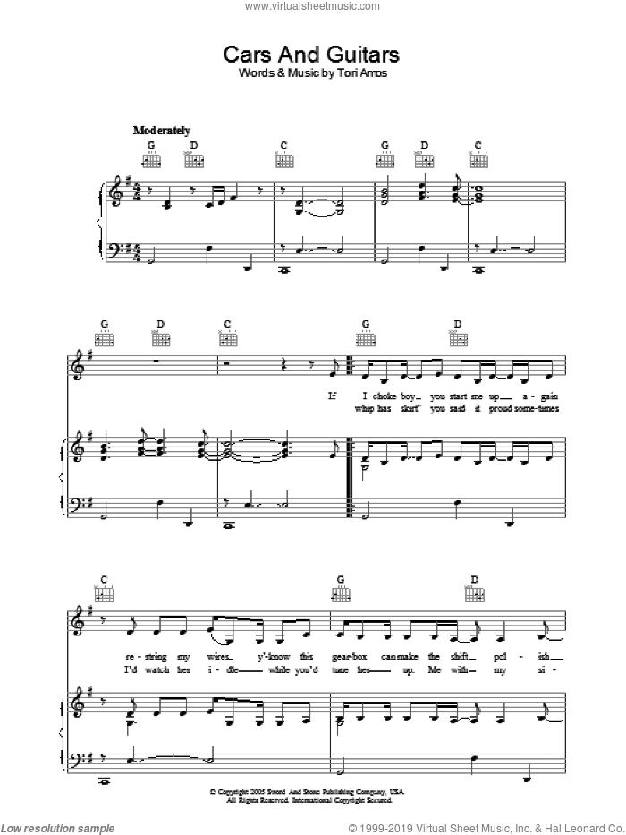 Cars And Guitars sheet music for voice, piano or guitar by Tori Amos, intermediate skill level