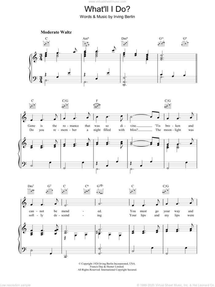 What'll I Do sheet music for voice, piano or guitar by Irving Berlin, intermediate skill level