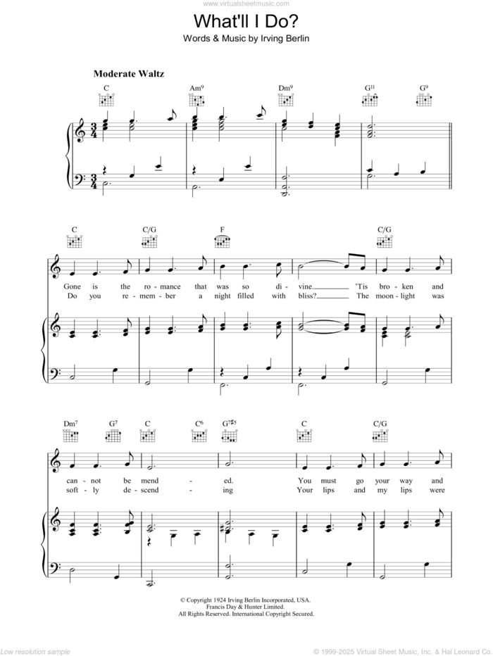 What'll I Do sheet music for voice, piano or guitar by Irving Berlin, intermediate skill level