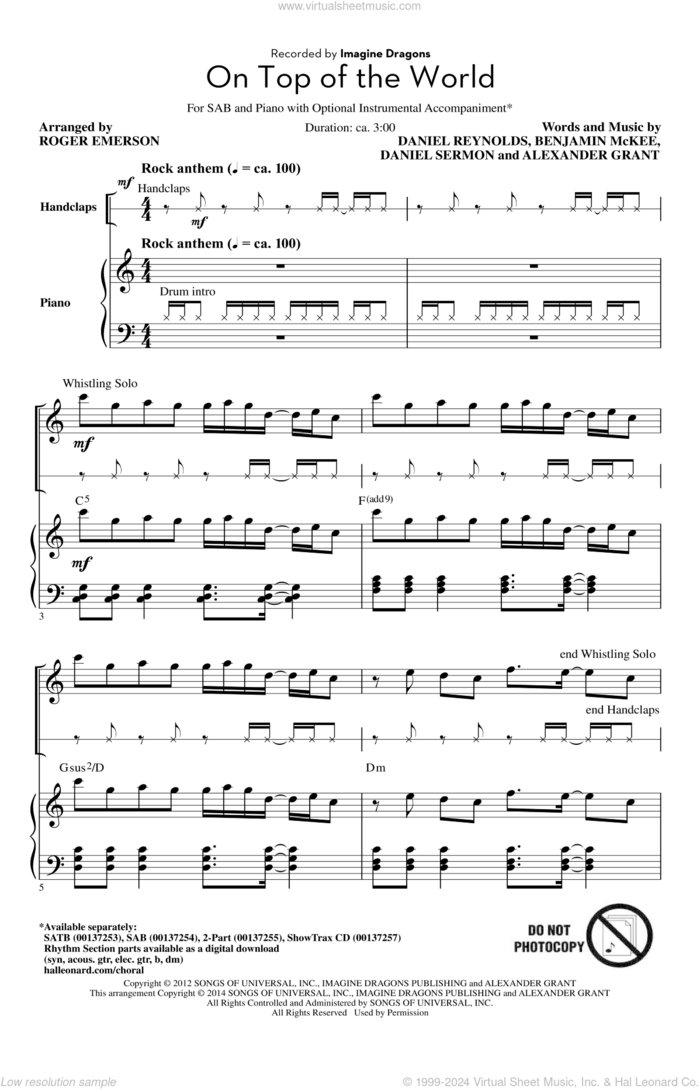 On Top Of The World sheet music for choir (SAB: soprano, alto, bass) by Roger Emerson, Imagine Dragons, Alexander Grant, Benjamin McKee, Daniel Reynolds and Daniel Sermon, intermediate skill level