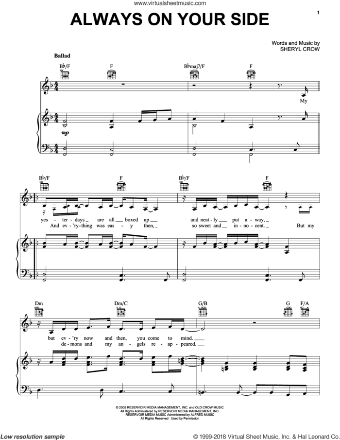 Always On Your Side sheet music for voice, piano or guitar by Sheryl Crow and Sting and Sheryl Crow, intermediate skill level