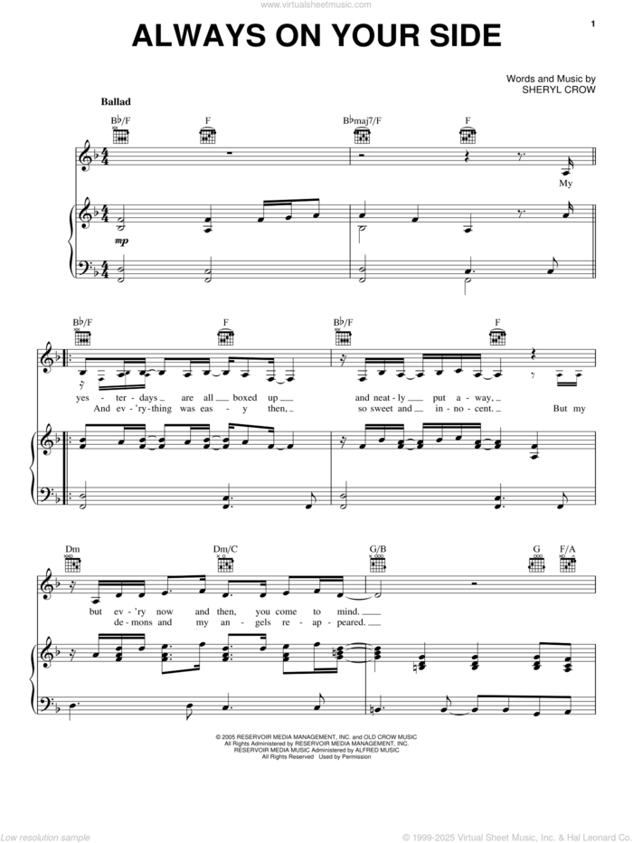 Always On Your Side sheet music for voice, piano or guitar by Sheryl Crow and Sting and Sheryl Crow, intermediate skill level