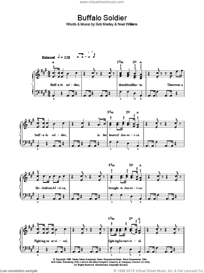 Buffalo Soldier sheet music for voice, piano or guitar by Bob Marley and Noel Williams, intermediate skill level