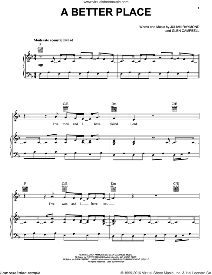 A Better Place sheet music for voice, piano or guitar by Glen Campbell and Julian Raymond, intermediate skill level