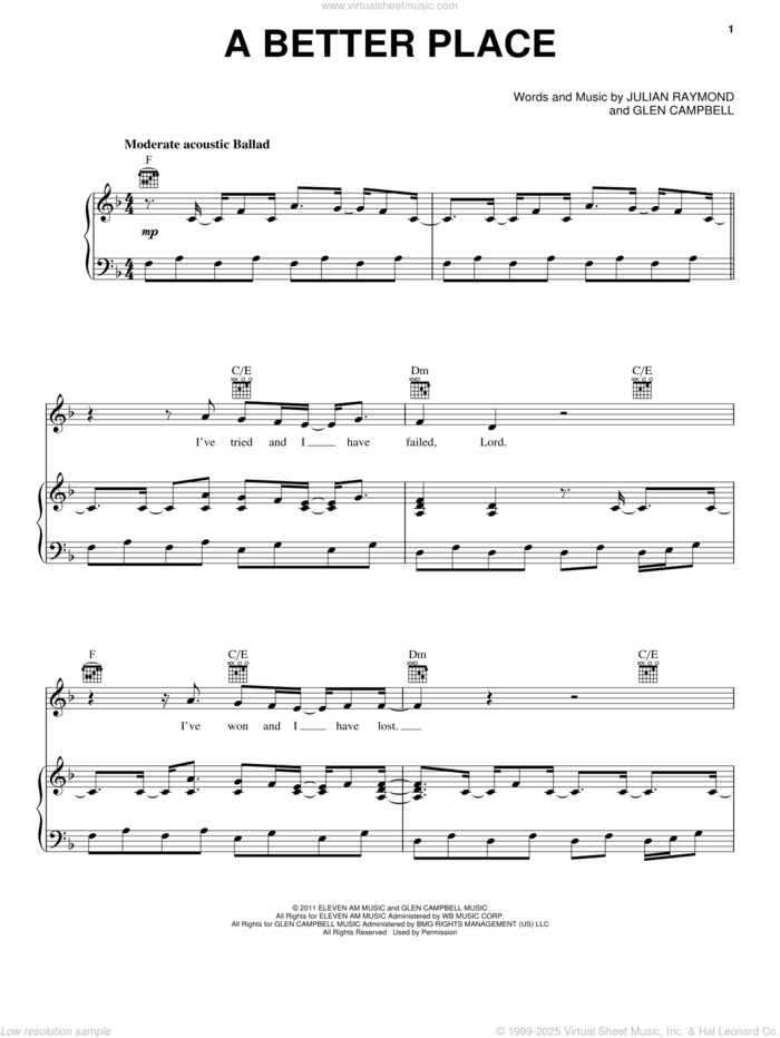 A Better Place sheet music for voice, piano or guitar by Glen Campbell and Julian Raymond, intermediate skill level