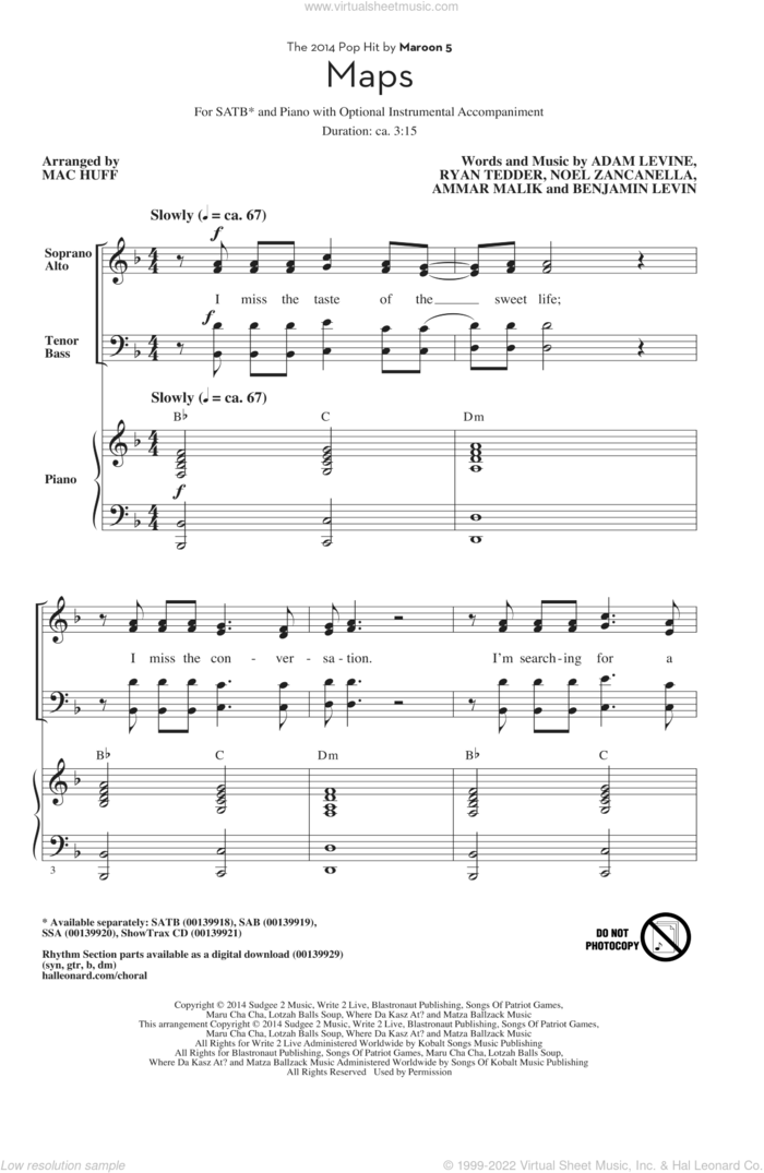 Maps sheet music for choir (SATB: soprano, alto, tenor, bass) by Mac Huff, Maroon 5, Adam Levine, Ammar Malik, Benjamin Levin, Noel Zancanella and Ryan Tedder, intermediate skill level